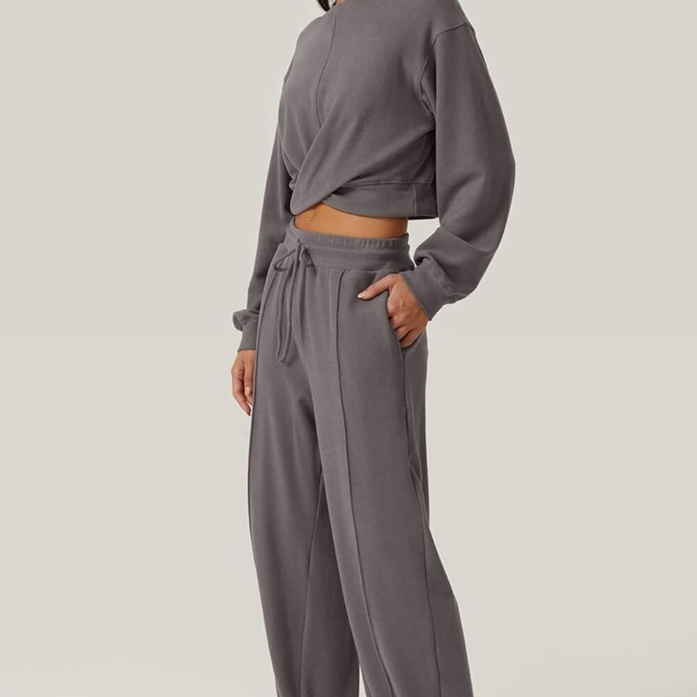 Women 2 Piece Outfits Sweatpants Set Twist Front Cropped Sweatshirt Wide Leg M - Picture 5 of 5
